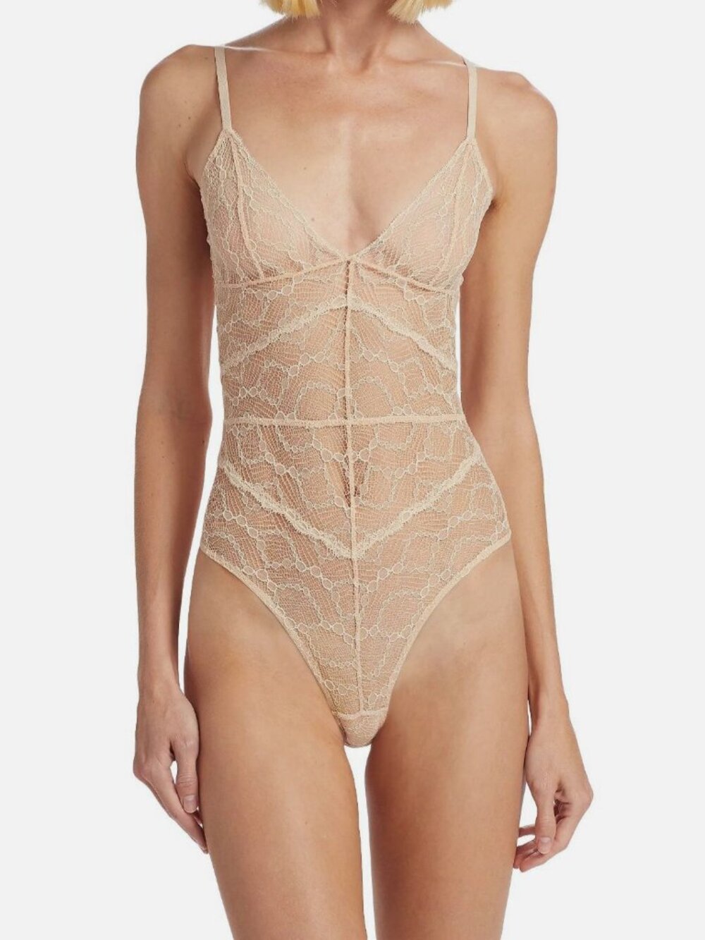 Kiki De Montparnasse Women's Beige Sheer Lace V-Neck Mon Cheri Bodysuit Size S